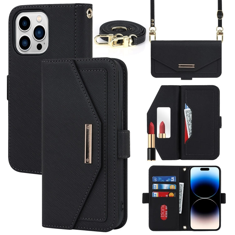 For iPhone 15 Pro Max Cross Texture Crossbody Lanyard Leather Phone Case(Black) - iPhone 15 Pro Max Cases by buy2fix | Online Shopping UK | buy2fix