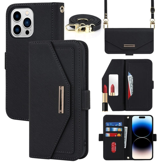 For iPhone 15 Pro Max Cross Texture Crossbody Lanyard Leather Phone Case(Black) - iPhone 15 Pro Max Cases by buy2fix | Online Shopping UK | buy2fix