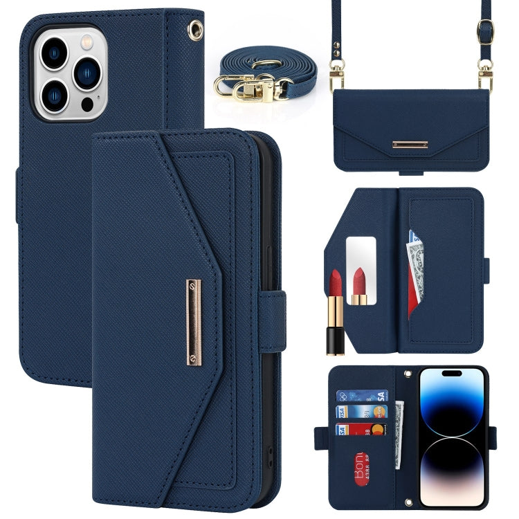 For iPhone 15 Pro Max Cross Texture Crossbody Lanyard Leather Phone Case(Blue) - iPhone 15 Pro Max Cases by buy2fix | Online Shopping UK | buy2fix