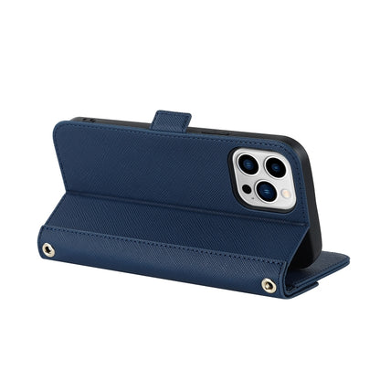 For iPhone 15 Pro Max Cross Texture Crossbody Lanyard Leather Phone Case(Blue) - iPhone 15 Pro Max Cases by buy2fix | Online Shopping UK | buy2fix