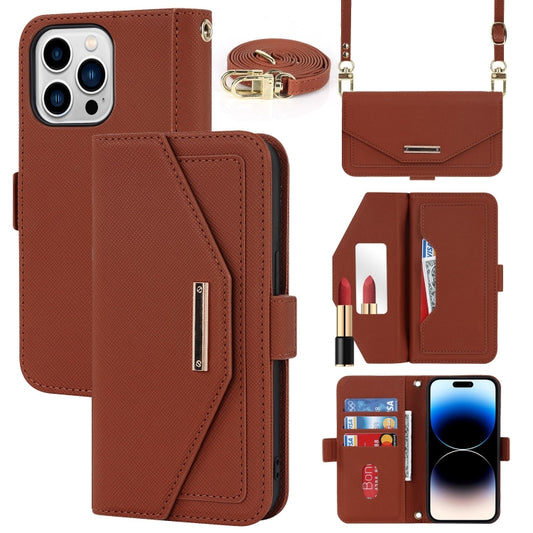 For iPhone 15 Pro Max Cross Texture Crossbody Lanyard Leather Phone Case(Brown) - iPhone 15 Pro Max Cases by buy2fix | Online Shopping UK | buy2fix