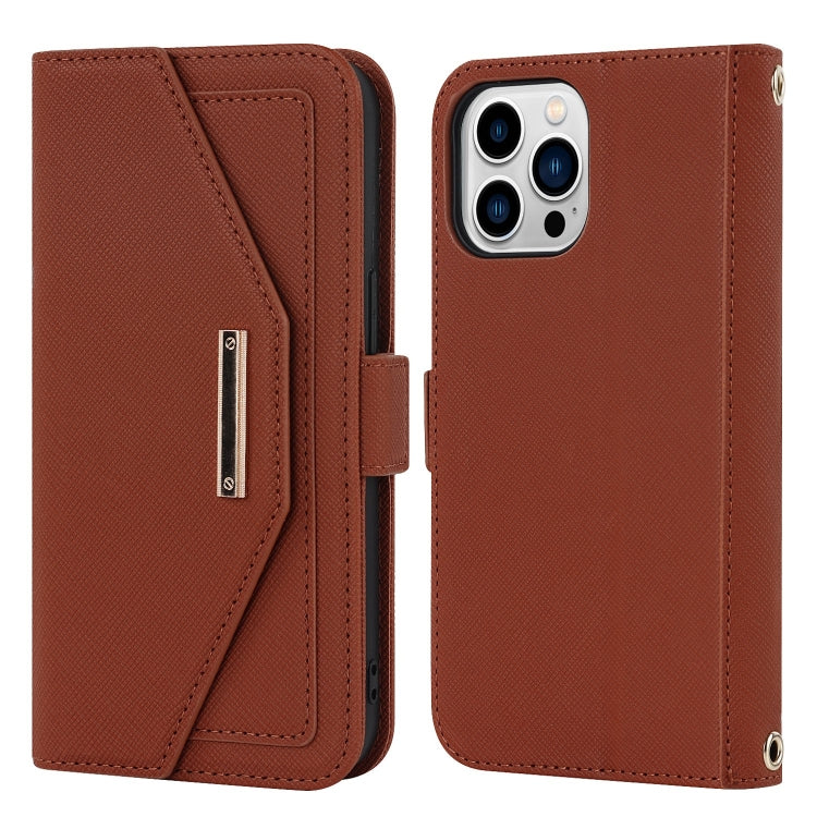 For iPhone 15 Pro Max Cross Texture Crossbody Lanyard Leather Phone Case(Brown) - iPhone 15 Pro Max Cases by buy2fix | Online Shopping UK | buy2fix