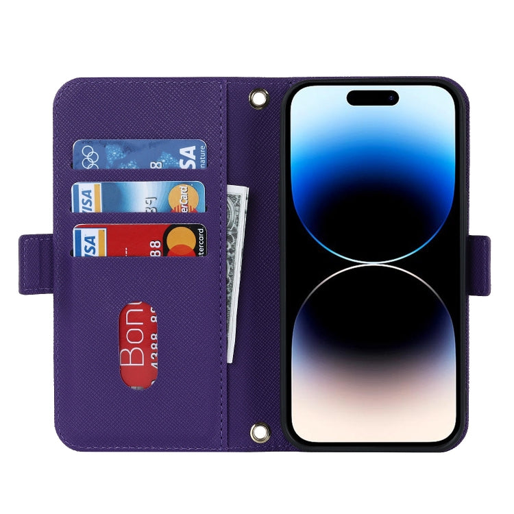 For iPhone 15 Pro Max Cross Texture Crossbody Lanyard Leather Phone Case(Purple) - iPhone 15 Pro Max Cases by buy2fix | Online Shopping UK | buy2fix