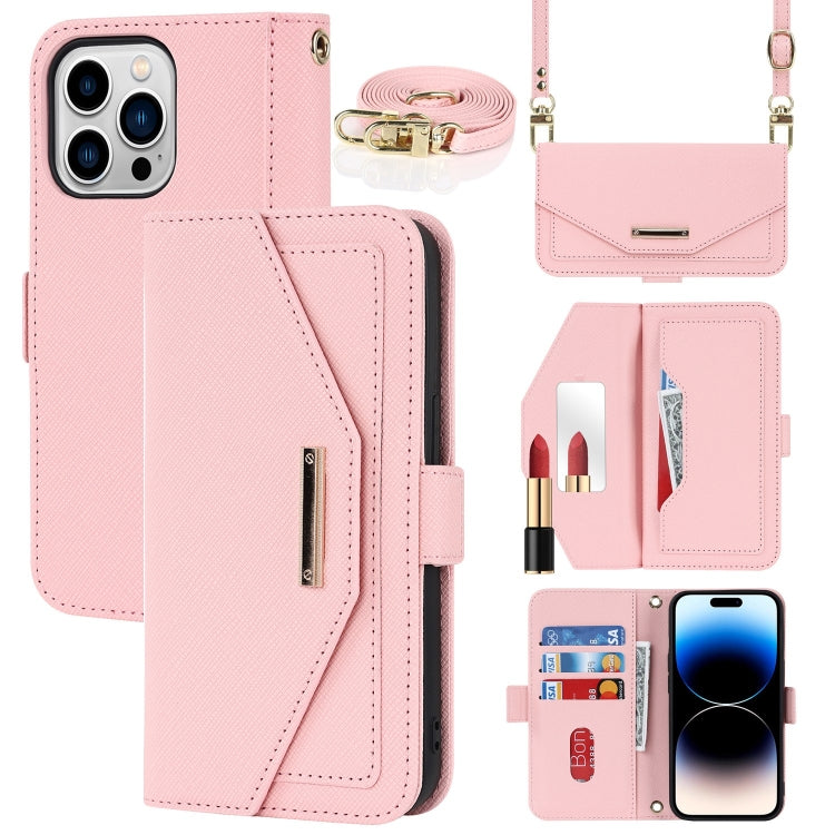 For iPhone 15 Pro Max Cross Texture Crossbody Lanyard Leather Phone Case(Pink) - iPhone 15 Pro Max Cases by buy2fix | Online Shopping UK | buy2fix