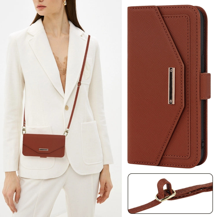 For iPhone 15 Pro Cross Texture Crossbody Lanyard Leather Phone Case(Brown) - iPhone 15 Pro Cases by buy2fix | Online Shopping UK | buy2fix