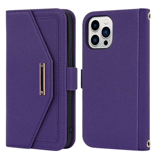 For iPhone 15 Pro Cross Texture Crossbody Lanyard Leather Phone Case(Purple) - iPhone 15 Pro Cases by buy2fix | Online Shopping UK | buy2fix