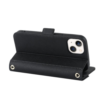 For iPhone 15 Plus Cross Texture Crossbody Lanyard Leather Phone Case(Black) - iPhone 15 Plus Cases by buy2fix | Online Shopping UK | buy2fix