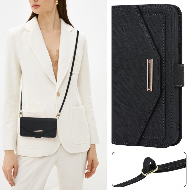 For iPhone 15 Plus Cross Texture Crossbody Lanyard Leather Phone Case(Black) - iPhone 15 Plus Cases by buy2fix | Online Shopping UK | buy2fix