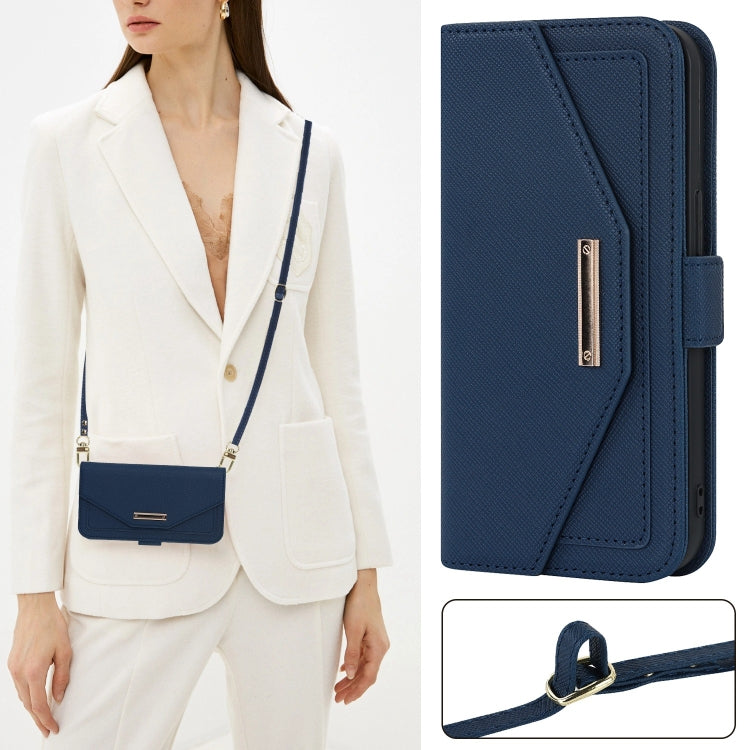 For iPhone 15 Plus Cross Texture Crossbody Lanyard Leather Phone Case(Blue) - iPhone 15 Plus Cases by buy2fix | Online Shopping UK | buy2fix