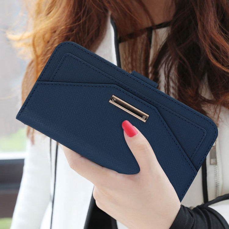 For iPhone 15 Plus Cross Texture Crossbody Lanyard Leather Phone Case(Blue) - iPhone 15 Plus Cases by buy2fix | Online Shopping UK | buy2fix