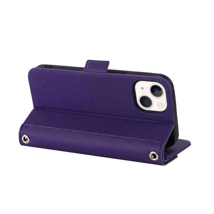For iPhone 15 Plus Cross Texture Crossbody Lanyard Leather Phone Case(Purple) - iPhone 15 Plus Cases by buy2fix | Online Shopping UK | buy2fix