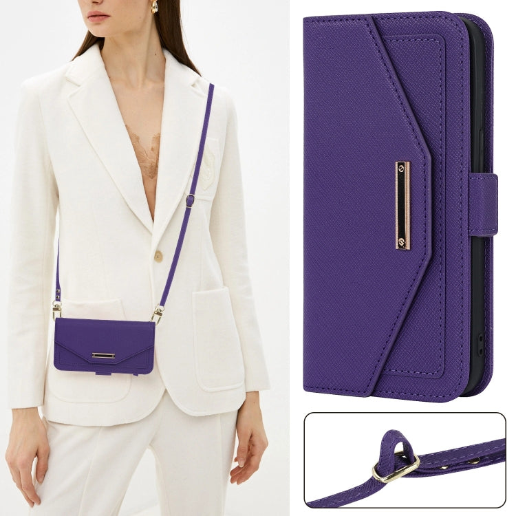 For iPhone 15 Plus Cross Texture Crossbody Lanyard Leather Phone Case(Purple) - iPhone 15 Plus Cases by buy2fix | Online Shopping UK | buy2fix