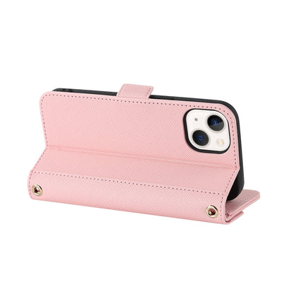 For iPhone 15 Plus Cross Texture Crossbody Lanyard Leather Phone Case(Pink) - iPhone 15 Plus Cases by buy2fix | Online Shopping UK | buy2fix