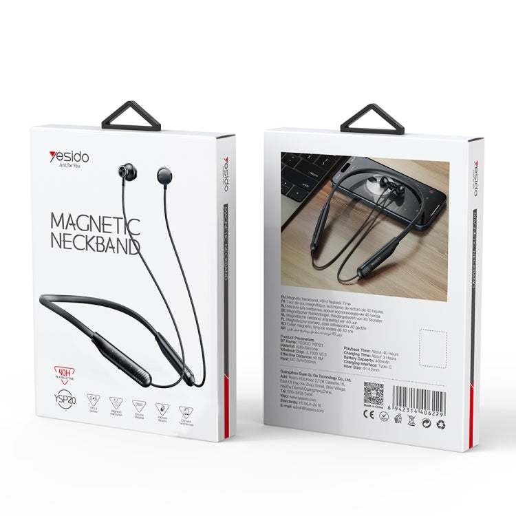 Yesido YSP20 Magnetic Neckband Wireless Bluetooth Earphone(Black) - Neck-mounted Earphone by Yesido | Online Shopping UK | buy2fix