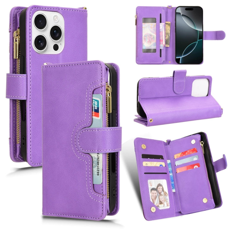 For iPhone 16 Pro Max Litchi Texture Zipper Leather Phone Case(Purple) by buy2fix