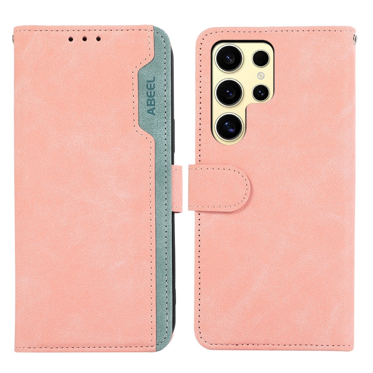 For Samsung Galaxy S25 Ultra 5G ABEEL Color Block Magnetic RFID Leather Phone Case(Pink-Cyan) by buy2fix