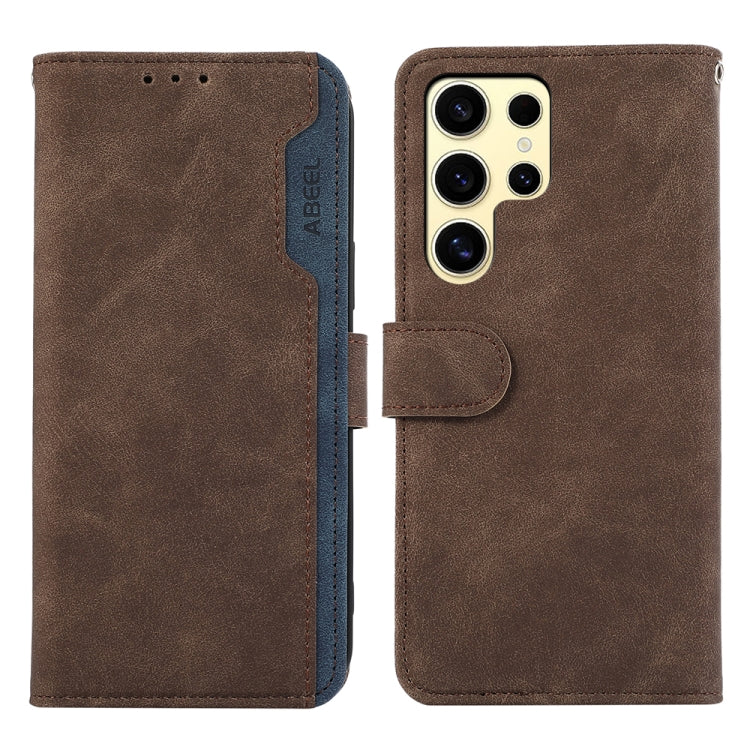 For Samsung Galaxy S25 Ultra 5G ABEEL Color Block Magnetic RFID Leather Phone Case(Brown-Blue) by buy2fix