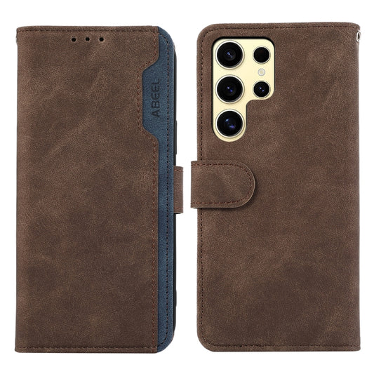 For Samsung Galaxy S25 Ultra 5G ABEEL Color Block Magnetic RFID Leather Phone Case(Brown-Blue) by buy2fix