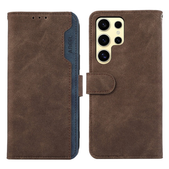 For Samsung Galaxy S25 Ultra 5G ABEEL Color Block Magnetic RFID Leather Phone Case(Brown-Blue)
