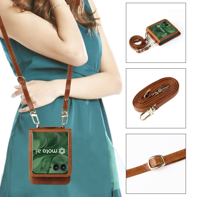 For Motorola Razr 50 Ultra Crossbody Card Bag PU Folding Phone Case(Brown) by buy2fix