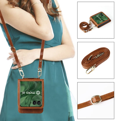 For Motorola Razr 50 Ultra Crossbody Card Bag PU Folding Phone Case(Brown) by buy2fix