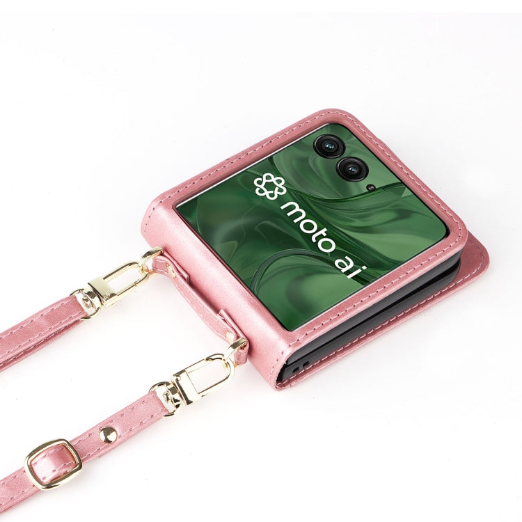 For Motorola Razr 50 Ultra Crossbody Card Bag PU Folding Phone Case(Pink) by buy2fix