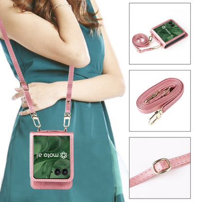 For Motorola Razr 50 Ultra Crossbody Card Bag PU Folding Phone Case(Pink) by buy2fix