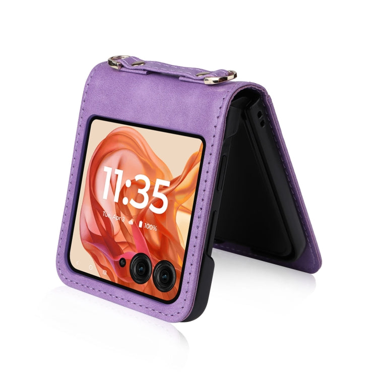 For Motorola Razr 50 Crossbody Card Bag PU Folding Phone Case(Purple) by buy2fix