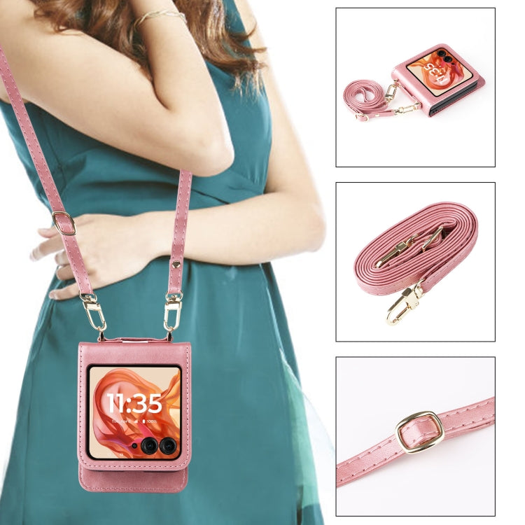 For Motorola Razr 50 Crossbody Card Bag PU Folding Phone Case(Pink) by buy2fix