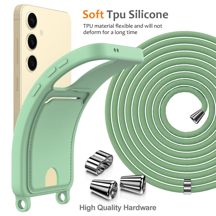 For Samsung Galaxy S25 5G Integrated Card Bag Solid Color Liquid Silicone Phone Case with Lanyard(Green) by buy2fix
