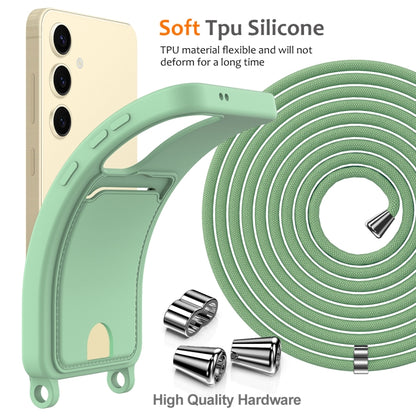 For Samsung Galaxy S25 5G Integrated Card Bag Solid Color Liquid Silicone Phone Case with Lanyard(Green) by buy2fix