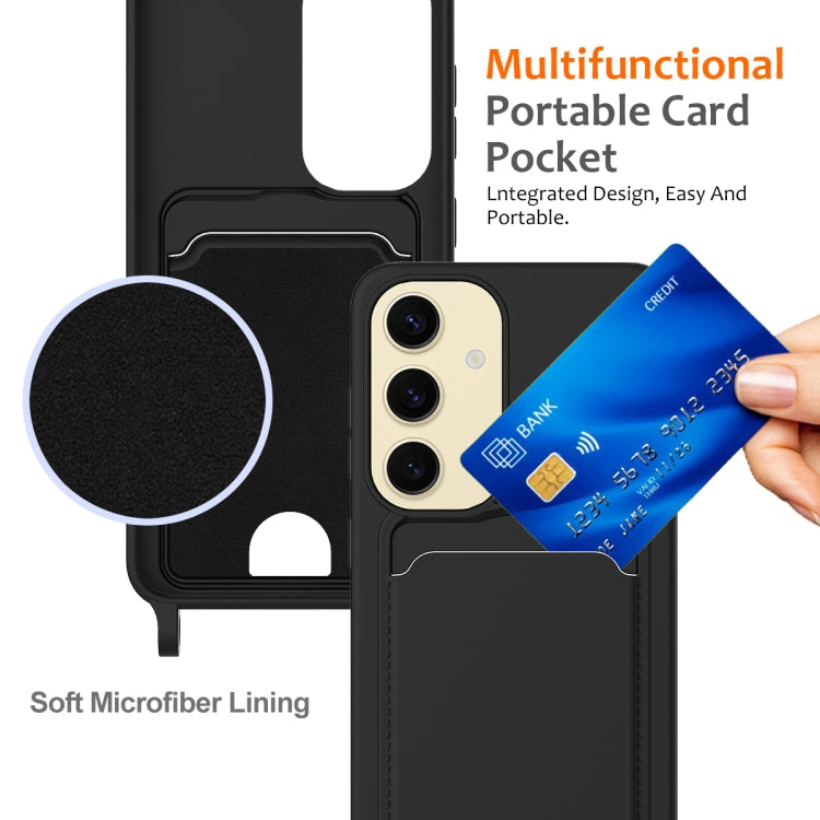 For Samsung Galaxy S25 5G Integrated Card Bag Solid Color Liquid Silicone Phone Case with Lanyard(Black) by buy2fix