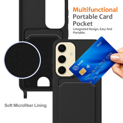 For Samsung Galaxy S25 5G Integrated Card Bag Solid Color Liquid Silicone Phone Case with Lanyard(Black) by buy2fix