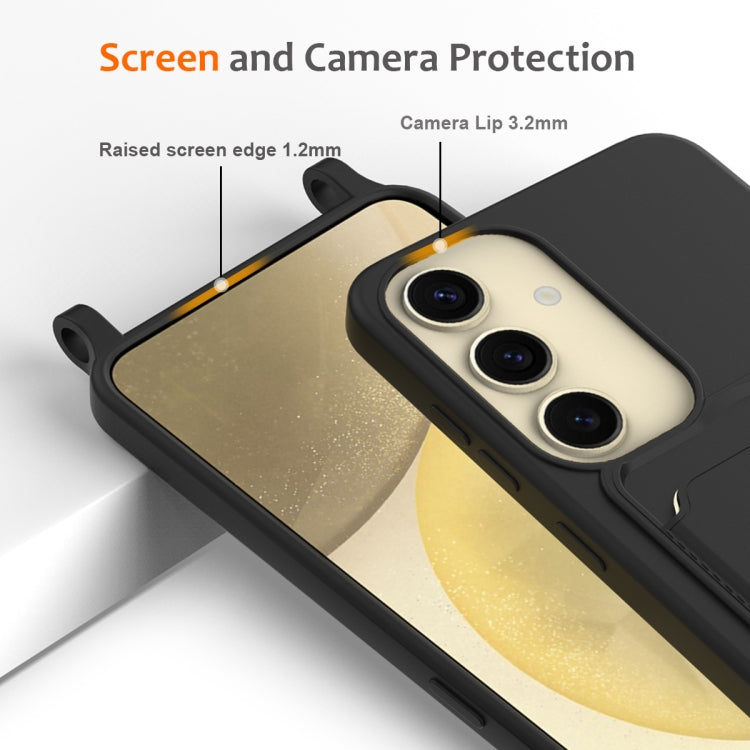 For Samsung Galaxy S25 5G Integrated Card Bag Solid Color Liquid Silicone Phone Case with Lanyard(Black) by buy2fix