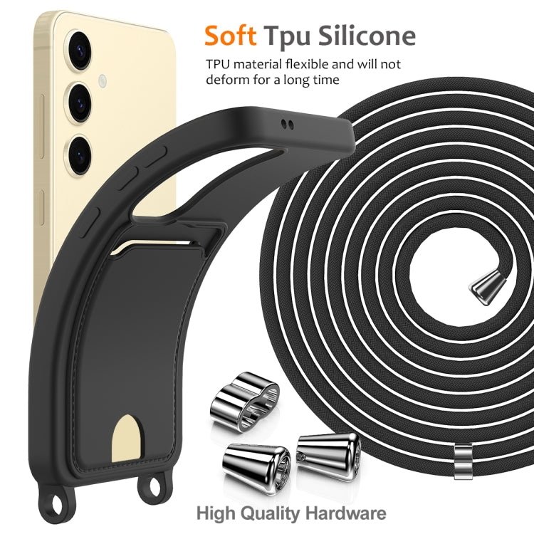 For Samsung Galaxy S25 5G Integrated Card Bag Solid Color Liquid Silicone Phone Case with Lanyard(Black) by buy2fix