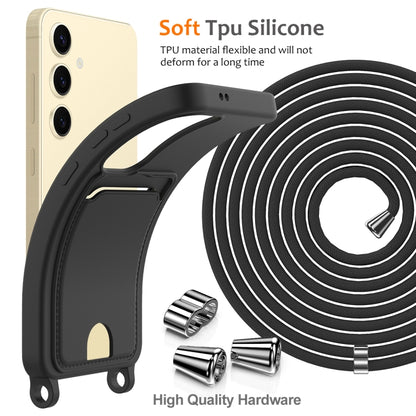 For Samsung Galaxy S25 5G Integrated Card Bag Solid Color Liquid Silicone Phone Case with Lanyard(Black) by buy2fix