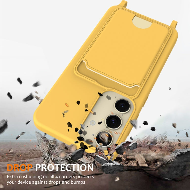 For Samsung Galaxy S25 5G Integrated Card Bag Solid Color Liquid Silicone Phone Case with Lanyard(Yellow) by buy2fix