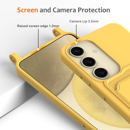 For Samsung Galaxy S25 5G Integrated Card Bag Solid Color Liquid Silicone Phone Case with Lanyard(Yellow) by buy2fix