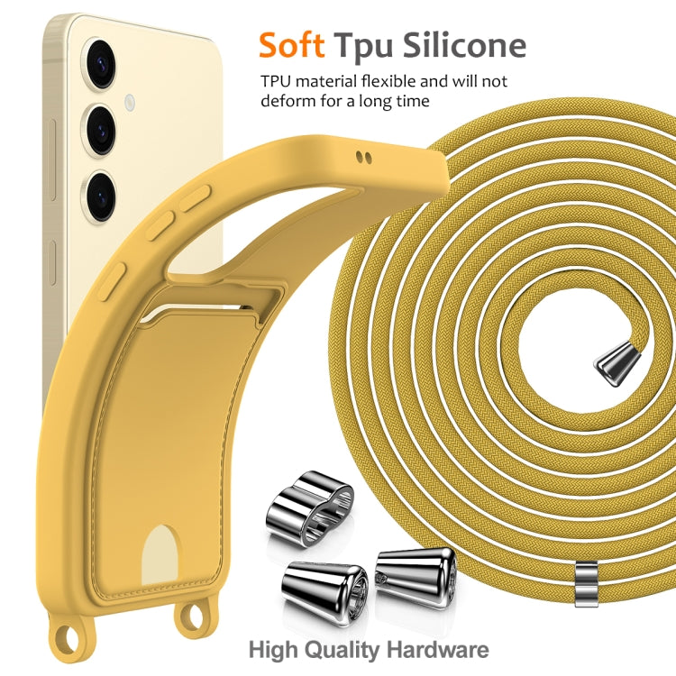 For Samsung Galaxy S25 5G Integrated Card Bag Solid Color Liquid Silicone Phone Case with Lanyard(Yellow) by buy2fix