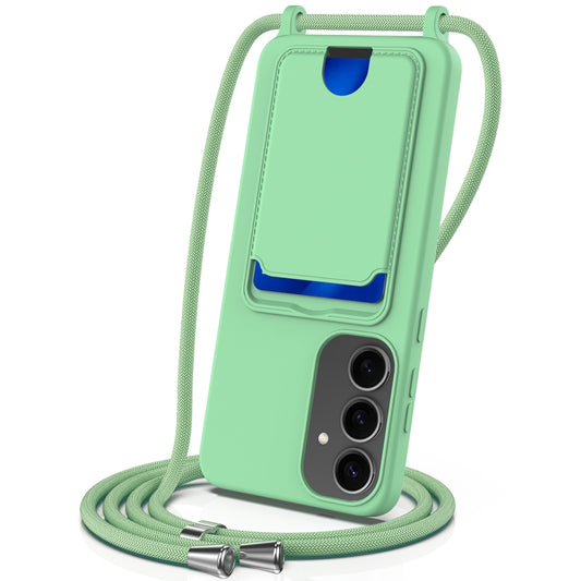 For Samsung Galaxy S25+ 5G Integrated Card Bag Solid Color Liquid Silicone Phone Case with Lanyard(Green) by buy2fix