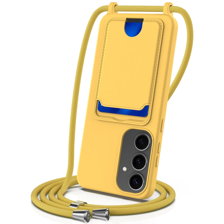 For Samsung Galaxy S25+ 5G Integrated Card Bag Solid Color Liquid Silicone Phone Case with Lanyard(Yellow) by buy2fix
