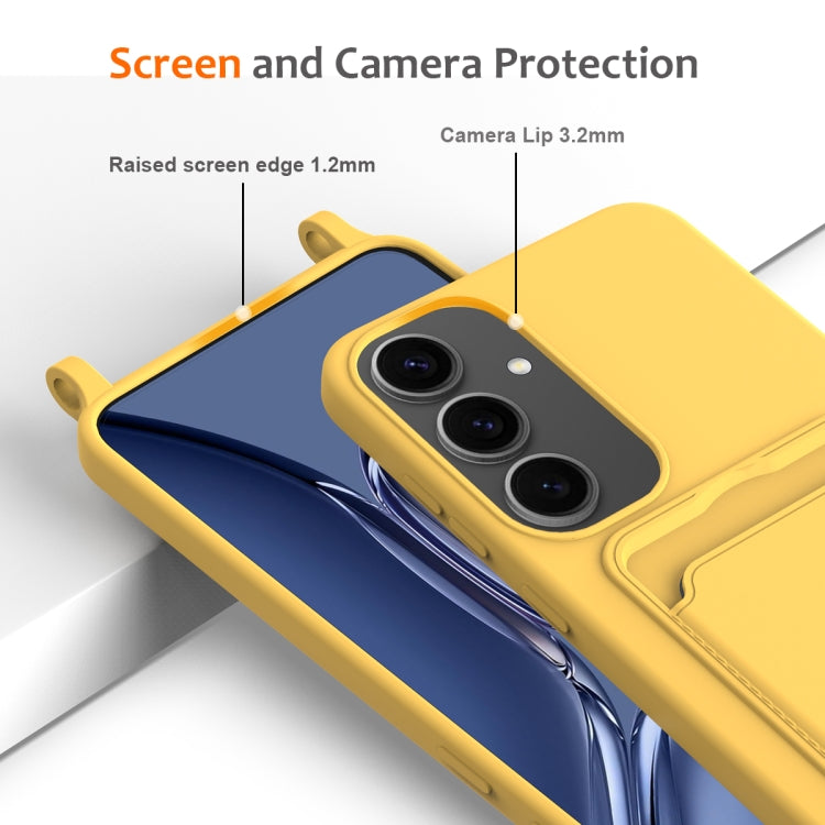 For Samsung Galaxy S25+ 5G Integrated Card Bag Solid Color Liquid Silicone Phone Case with Lanyard(Yellow) by buy2fix