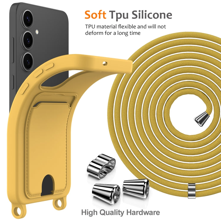 For Samsung Galaxy S25+ 5G Integrated Card Bag Solid Color Liquid Silicone Phone Case with Lanyard(Yellow) by buy2fix