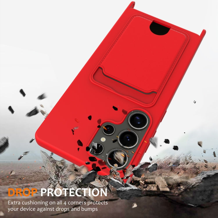 For Samsung Galaxy S25 Ultra 5G Integrated Card Bag Solid Color Liquid Silicone Phone Case with Lanyard(Red) by buy2fix