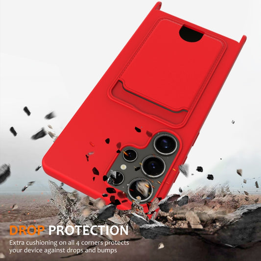 For Samsung Galaxy S25 Ultra 5G Integrated Card Bag Solid Color Liquid Silicone Phone Case with Lanyard(Red) by buy2fix
