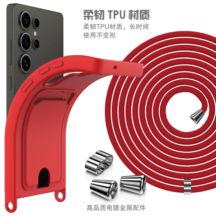 For Samsung Galaxy S25 Ultra 5G Integrated Card Bag Solid Color Liquid Silicone Phone Case with Lanyard(Red) by buy2fix