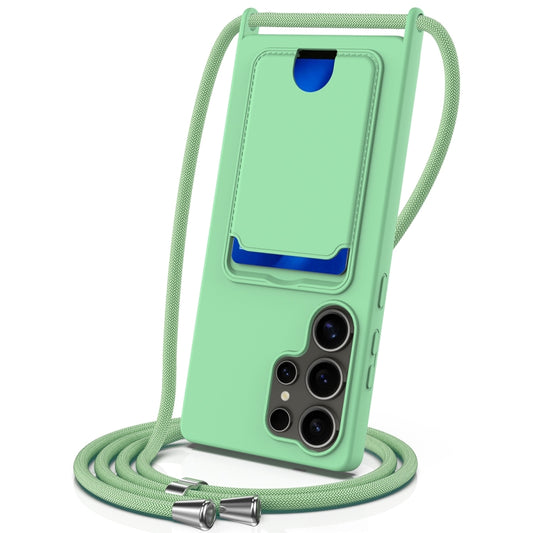 For Samsung Galaxy S25 Ultra 5G Integrated Card Bag Solid Color Liquid Silicone Phone Case with Lanyard(Green) by buy2fix
