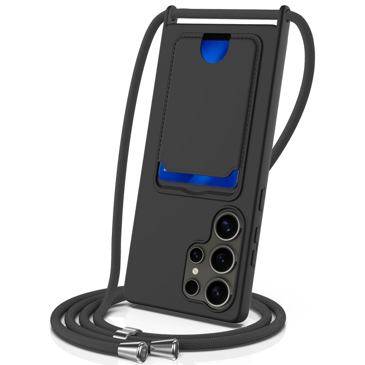 For Samsung Galaxy S25 Ultra 5G Integrated Card Bag Solid Color Liquid Silicone Phone Case with Lanyard(Black) by buy2fix