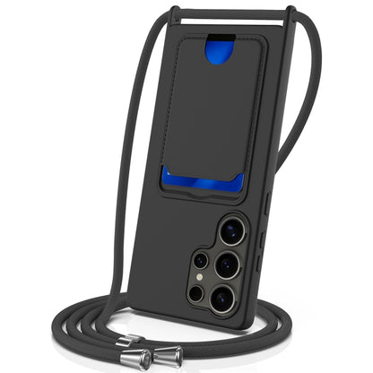 For Samsung Galaxy S25 Ultra 5G Integrated Card Bag Solid Color Liquid Silicone Phone Case with Lanyard(Black) by buy2fix