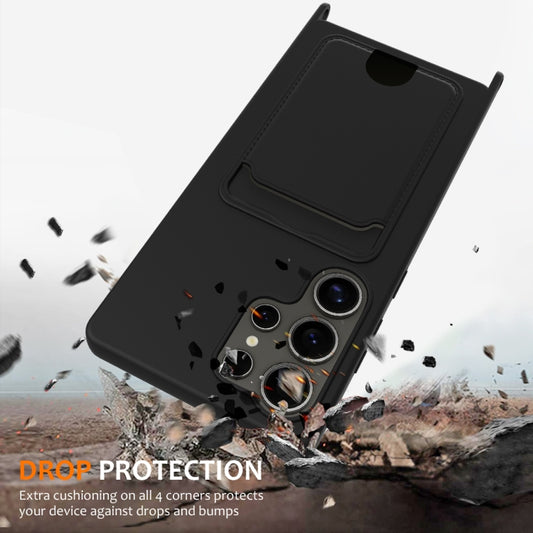 For Samsung Galaxy S25 Ultra 5G Integrated Card Bag Solid Color Liquid Silicone Phone Case with Lanyard(Black) by buy2fix